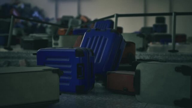 overturned luggage cluster under harsh light, concrete floor and small debris, isolated coffee cup near cases, atmosphere of operational backlog and travel