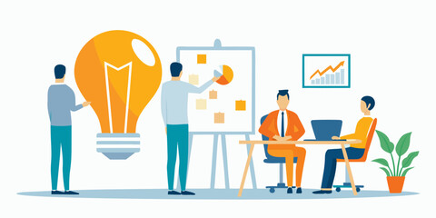 team brainstorming session flat vector illustration people lightbulb ideas meeting collaboration workplace discussion strategy planning innovation creativity design graphic art concept business office © Tarun