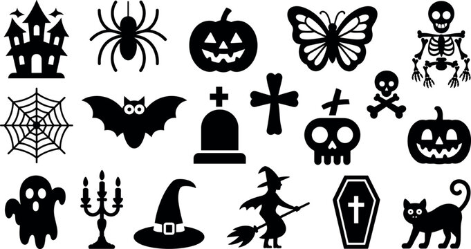 Halloween icon set with black vector silhouettes including pumpkin witch bat ghost skull isolated on white background for party design