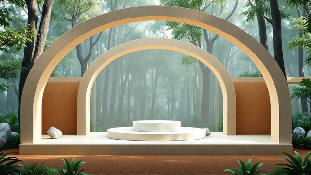 Minimalist stage design. Arches frame lush forest backdrop. Soft lighting highlights circular platforms. Natural tones create serene ambiance.