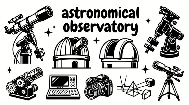 astronomical observatory equipment featuring optical telescopes observatory domes equatorial mounts tracking systems control consoles vector set for astronomy research education and space science