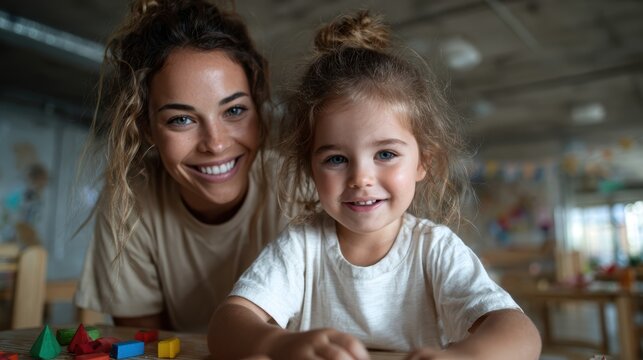 A heartwarming portrait of a smiling mother and daughter engaging playfully, radiating joy and love in a cozy indoor setting, capturing precious family moments.