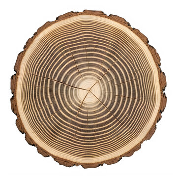Cross section of a tree trunk with visible growth rings isolated on transparent background