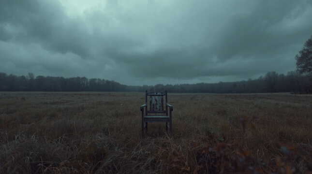Old wooden chair standing alone in a misty autumn meadow &mdash; part of a folk horror and dark poetry series