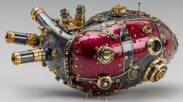 Intricate steampunk mechanical heart machine with red metal plates and brass gold gear fittings isolated.