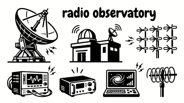 radio observatory infrastructure featuring radio telescopes parabolic dishes antenna arrays receiver systems signal processors control buildings and astronomical monitoring vector illustration set