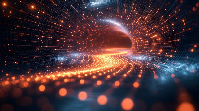 Glowing orange and blue data tunnel grid background with glittering particles representing high speed connection.