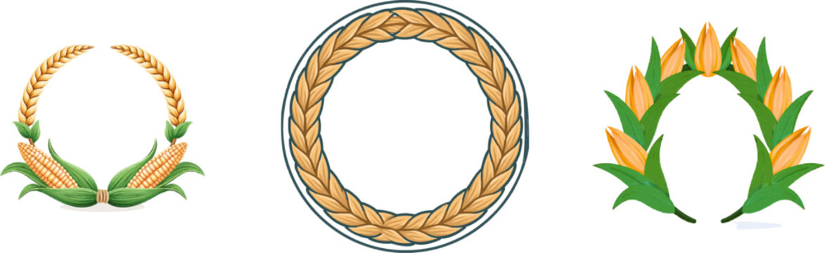 A flat color vector illustration of a decorative corn husk wreath, featuring two ears of corn tied together with a rope, set against a white background