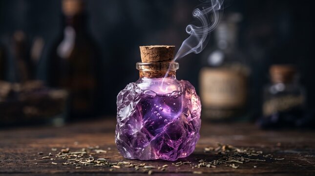 Close up of a glowing purple magic potion in a faceted crystal bottle emitting smoke on a rustic wooden apothecary table