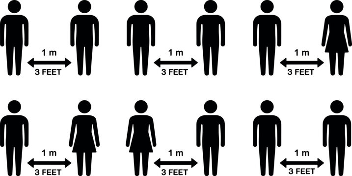 Social distancing icon set with keep 1 meter 3 feet distance black silhouettes isolated on white background for health safety signage