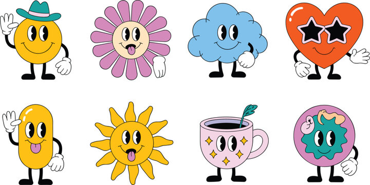 Retro Groovy Cartoon Character Mascot Set Featuring Smiley Face Flower Cloud Heart and Sun in Vintage Rubber Hose Style for Trendy Sticker Graphic Designs