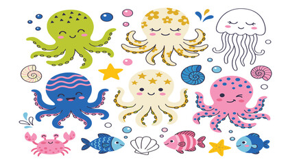 Octopus cartoon vector illustration set. Jellyfish, cute crab, tropical fish, seashells, starfish, water bubbles and marine sea life characters. © Creative Studio 