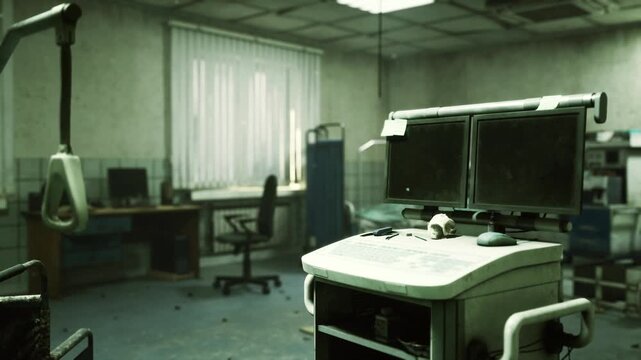 Empty radiology suite with old machines and unplugged monitors, scattered cables and dusty surfaces on mobile carts, pale window light through blinds and sense