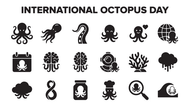 International Octopus Day icon set, black sea creature silhouettes for marine life awareness, 18 octopus vector elements for ocean conservation