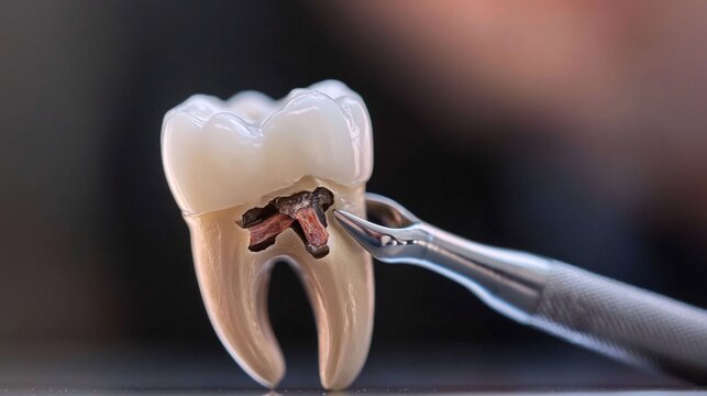 Detailed view of a tooth model showing dental caries and decay being examined with a professional metal dental tool