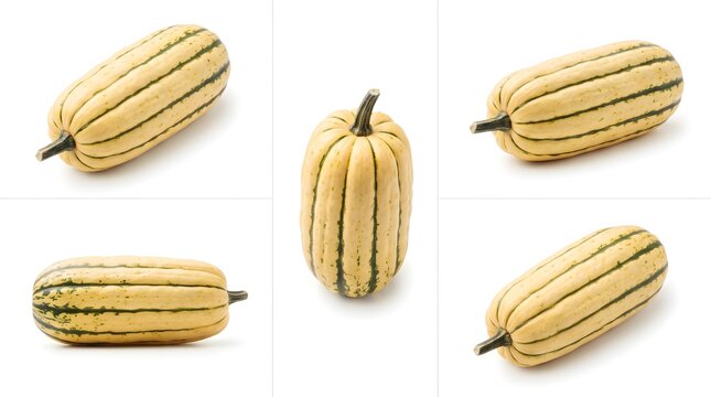 Delicata squash collection, set of 5 organic winter squash on white background, fresh striped heirloom vegetables for autumn cooking and food design