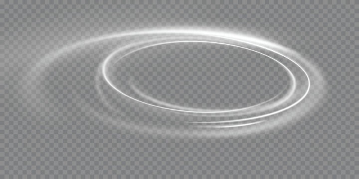 White Round Neon Light Frame with Glow Effect. Shining Elliptical Ring, Fast Light Streaks, Abstract Motion Lines, Glowing Circle Stroke, Futuristic Speed Wave on Transparent Background