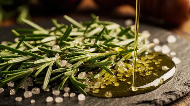Fresh rosemary sprigs with coarse sea salt being drizzled with olive oil on a dark stone slate, close-up, preparing ingredients for cooking or flavoring