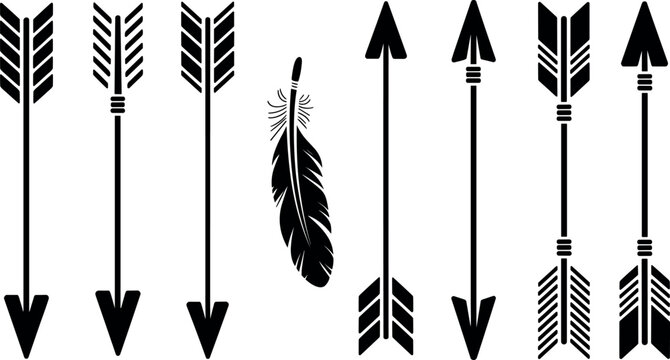 Boho arrow vector set with tribal feather black silhouettes isolated on white background for decorative rustic logo design