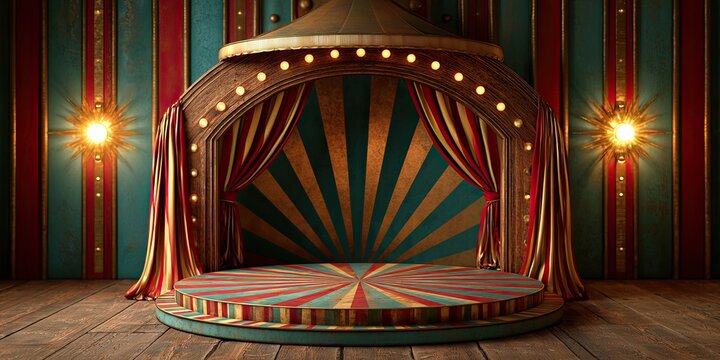 Festive circus stage awaits a performer under twinkling lights and colorful curtains