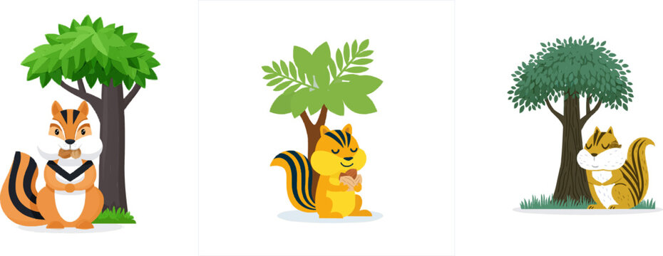 A flat color vector illustration of a chipmunk with puffed cheeks filled with nuts stands under a tree in the forest, showcasing its vibrant orange fur and black stripes