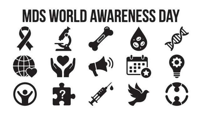 MDS World Awareness Day icon set, myelodysplastic syndromes medical symbols, 15 black vector icons for blood cancer healthcare education