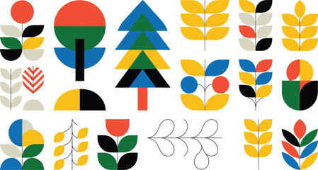 Abstract Geometric Botanical Elements Set Featuring Scandinavian Style Trees Flowers Leaves and Minimal Colorful Shapes for Modern Folk Art Pattern Graphic Designs © MdRashed