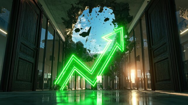 Green neon arrow pierces wall, revealing bright sky and debris