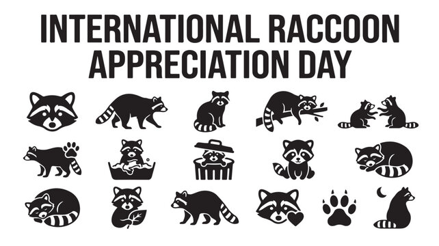 International Raccoon Appreciation Day vector icon set, black raccoon silhouettes and wildlife symbols, 15 animal elements for nature conservation
