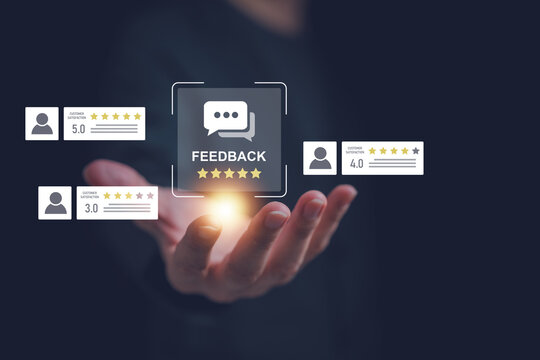 Customer feedback, satisfaction rating concept with digital review interface, 5 star evaluation, online reputation management, user experience, quality service, business analytic, client engagement.