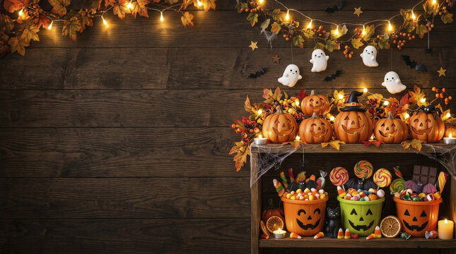 Cozy Halloween Decor Display with Jack-o-lantern Pumpkins, Cute Ghosts, Autumn Leaves, and Assorted Candies on a Wooden Shelf.