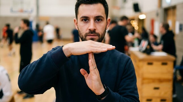 Closeup of a person making a timeout gesture with their hands.