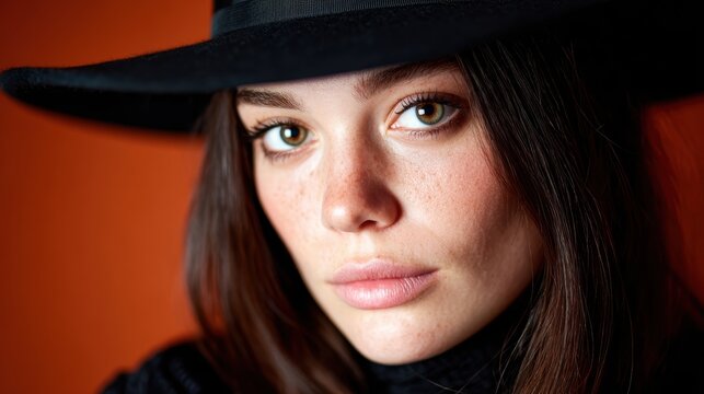 A stunning close-up of a woman wearing a stylish hat, featuring striking features and perfect lighting that enhances her natural beauty and presence in this artistic shot.
