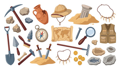 Archeology tool vector illustration set. Map, compass, ancient vase, fossils, coins, magnifying glass, shovel and historical excavation elements. © Creative Studio 