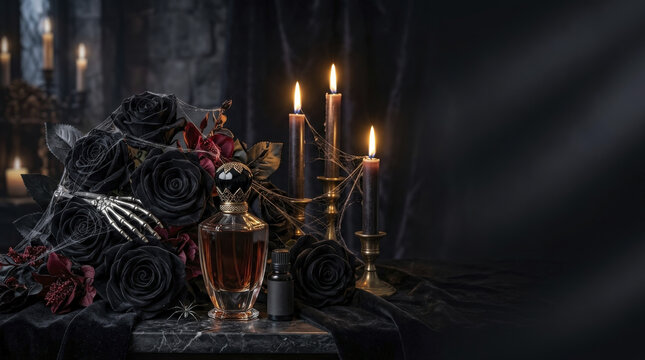 Luxurious dark Halloween still life with black roses, vintage perfume bottle, skeleton hand, and lit candles.