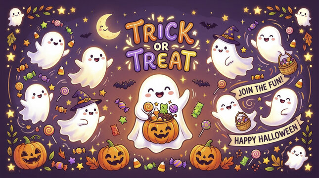 Adorable Cartoon Ghosts and Jack-o-lanterns with "Trick or Treat" Text, Cute Candies, and Stars, a Happy Halloween Kids Illustration.
