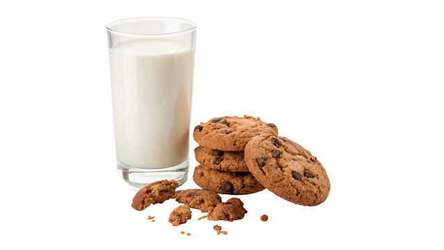 Glass of fresh milk with chocolate cookies isolated on transparent background