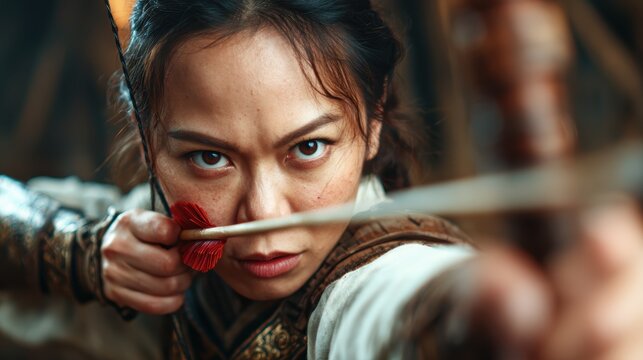 This striking image features a fierce archer, focused and determined, aiming her bow with intense concentration, embodying the spirit of strength and perseverance.