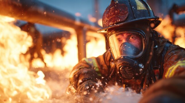 A courageous firefighter is seen crawling through flames while wearing protective gear, showing the heroic efforts and dangers faced during firefighting operations in extreme conditions.