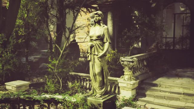 goldenhour statue in secret garden, warm glowing light bathing ornate fountain and ivycovered stone sunlit leaves, calm reflective mood, intimate paths