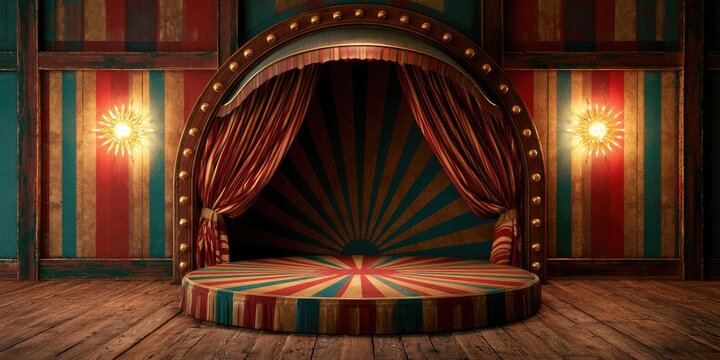 A circus stage with red, gold, and blue striped backdrop and curtains