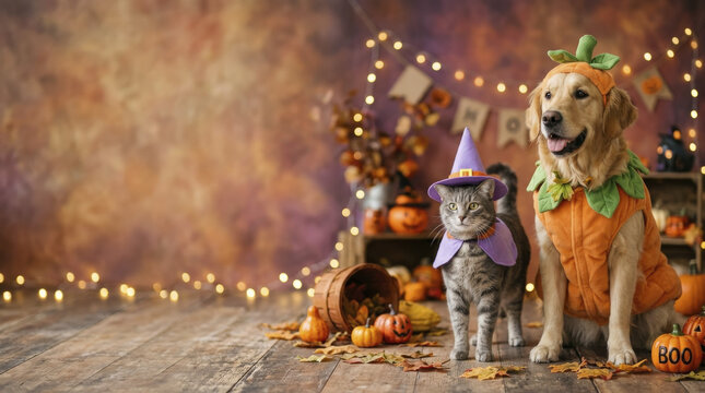 Adorable Golden Retriever and Cat in Halloween Costumes with Festive Decor