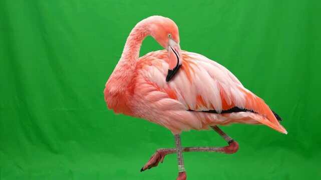Graceful pink flamingo standing on one leg and preening feathers against a solid green screen background
