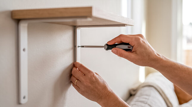 Hand using screwdriver tool to attach metal corner bracket angle brace to wooden shelf corner in room interior