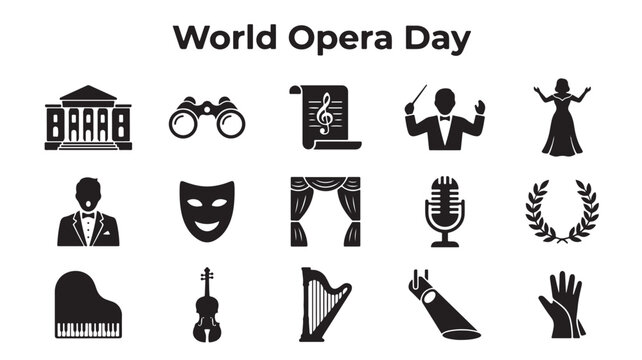 Opera and classical music glyph icon set. Includes symbols for theatre building, opera singer, conductor, and stage curtain. Black solid icons for World Opera Day.