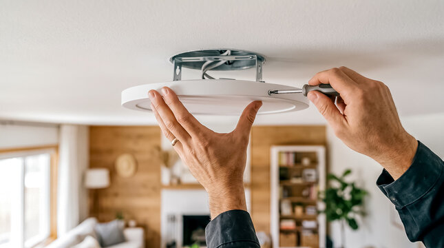Hands mounting and screwing modern flat round white LED ceiling panel light fixture in home living room interior space