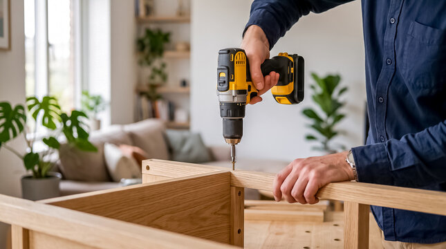 Person using yellow cordless power drill driver to drive screw into wooden plank during modern flat pack furniture assembly