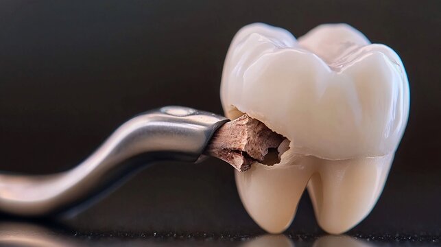 Professional dental tool removing a decayed and fractured piece of a tooth from a medical model for demonstration