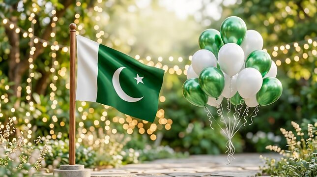 Pakistan Flag with Green Balloons Celebration
