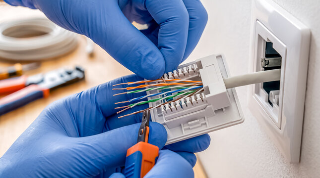 Technician in gloves wiring colorful twisted pair ethernet cables into internet wall socket port connector.